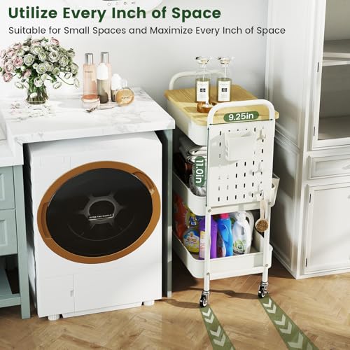 danpinera Rolling Utility Cart with Drawer, 3 Tier Rolling Cart with Wheels, Hooks & Hanging Cups, Craft Cart Art Cart Snack Cart Rolling Storage Cart with Wooden Table Top & DIY Pegboards, White - color: Ivory