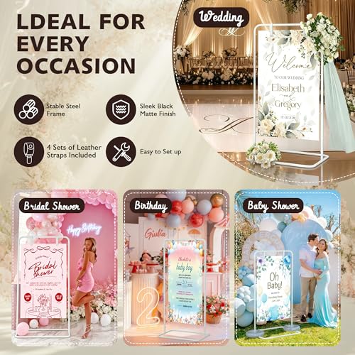 Jolitac Wedding Welcome Sign Holder, Adjustable Wedding Sign Stand Leather Hanging Straps & Design Bundle Heavy Duty Metal Easel Stand for Seating Charts, Bridal Showers, Birthday Party Displays - color: White