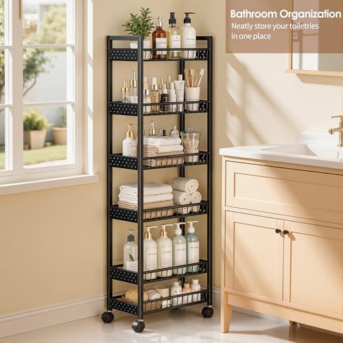 6 Tier Slim Storage Cart, Narrow Rolling Cart with Wheels, 6in(W) - color: Black, size: 6 Tier(6 in)