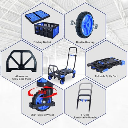2 in 1Hand Truck Dolly Foldable with Basket,Folding Dolly Cart 330lb - color: B-blue