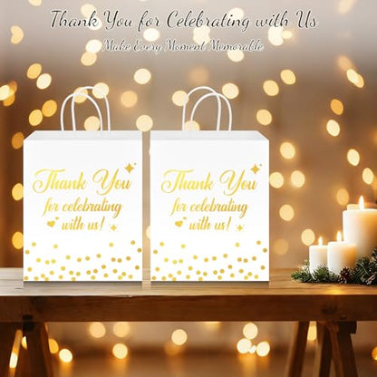 QIELSER 30 Pack Thank You Gift Bags, White and Gold Wedding Gift Bags for Guests, 8 x 4.75 x 10 in Thickened Kraft Paper Bags with Handles, Wedding Welcome Bags for Parties, Showers & Events - color: White