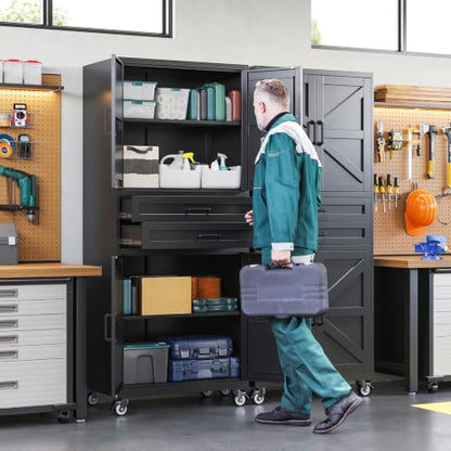 Letaya Metal Garage Storage Cabinets with Wheels,Black Rolling Tool Cabinet - color: Black, size: 16” D x 31.5” W x 73” H