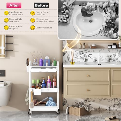 Goovilla Rolling Makeup Organizer Cart with Removable Drawer, 3 Tier White - color: White, size: 3 Tier