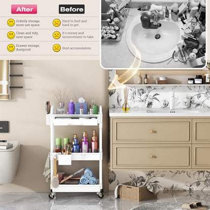 Goovilla Rolling Makeup Organizer Cart with Removable Drawer, 3 Tier White - color: White, size: 3 Tier