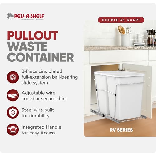 Rev-A-Shelf Double Pullout Garbage Trash Cans for Kitchen Cabinets, 35 Qt - color: White