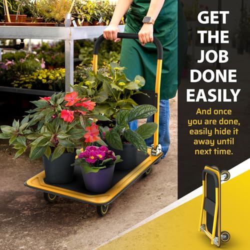 Heavy Duty Foldable Push Cart Dolly | 330 lbs. Capacity | Upgraded Collapsible Hand Truck Folding Platform with Swivel Wheels | Flat Bed Moving Wagon | Space Saving Push Handle (Yellow) - color: Yellow, 330 Lbs. Capacity