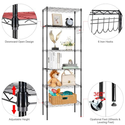 6-Tier Shelf, Adjustable Wire Metal Rack Shelving, Heavy Duty Standing Storage Shelves, Garage, Kitchen, Office, Bathroom, Shelfs Easy Assembly, 22" W x 12" D x 65" H Wheels, Black - color: Black, size: 6-tier 21.65"W x 11.81"D x 65"H Wheels