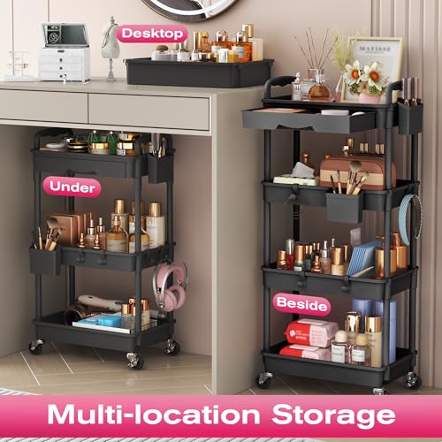 Goovilla Rolling Makeup Organizer Cart with Removable Drawer, 4 Tier Black - color: Black, size: 4 Tier