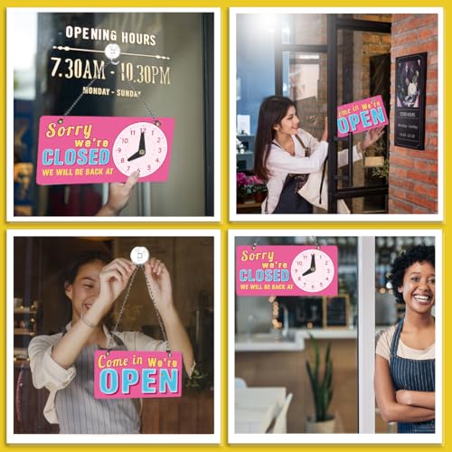 PLIGREAT Pink 3D Characters Open Closed Sign Double Sided Open Sign with Clock Sorry We Are Closed Signs for Business Retail Store Window Wall Decor Hanging Door Signs with Chain, Pink Blue - style: 3D Characters