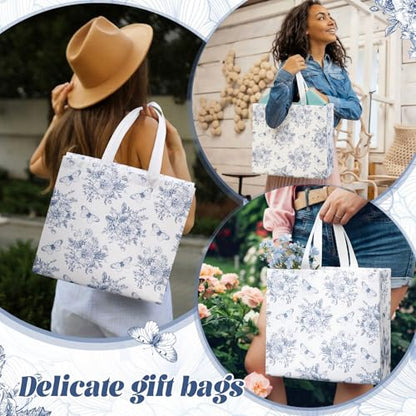 Abbylike 30 Pcs Blue Floral Gift Bags Reusable Large Tote with Handle - style: Blue Flower