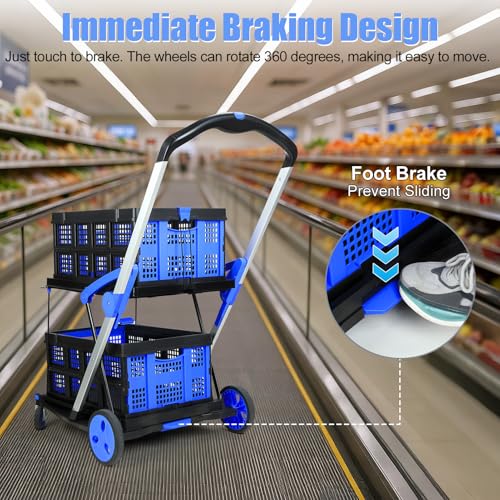 Foldable Shopping Cart, Heavy Duty Collapsible Cart with Wheels, 198 lbs Capacity, Compact Fold to 4.33", Aluminum Frame & Removable PP Wheels, Includes 2 Storage Boxes (Blue)