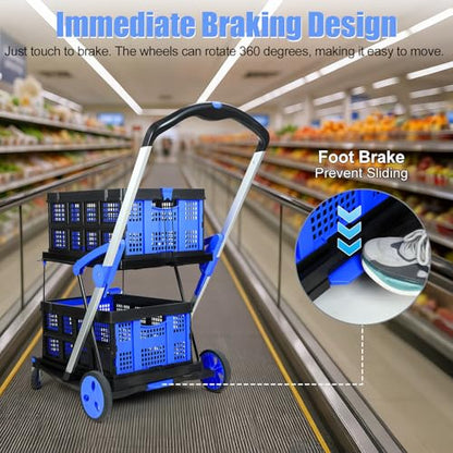 Foldable Shopping Cart, Heavy Duty Collapsible Cart with Wheels, 198 lbs Capacity, Compact Fold to 4.33", Aluminum Frame & Removable PP Wheels, Includes 2 Storage Boxes (Blue)