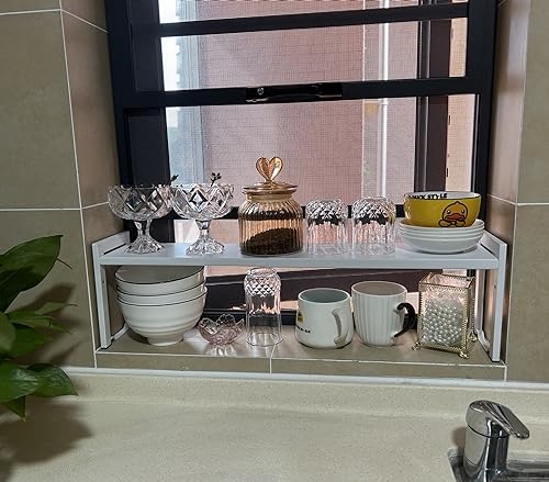 Expandable Cabinet Shelf 5.1"D Adjustable Countertop Riser Metal Rack White - color: White, size: 5.1"D (narrow) - 1 Pack