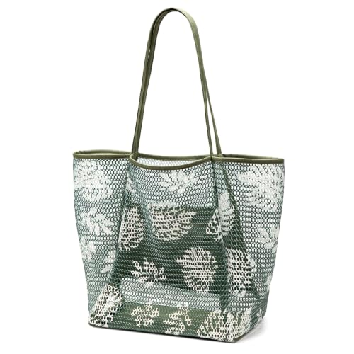 KALIDI Beach Mesh Tote Bag, Casual MAX 23L Summer Foldable Hobo Bag Women - color: Leaf