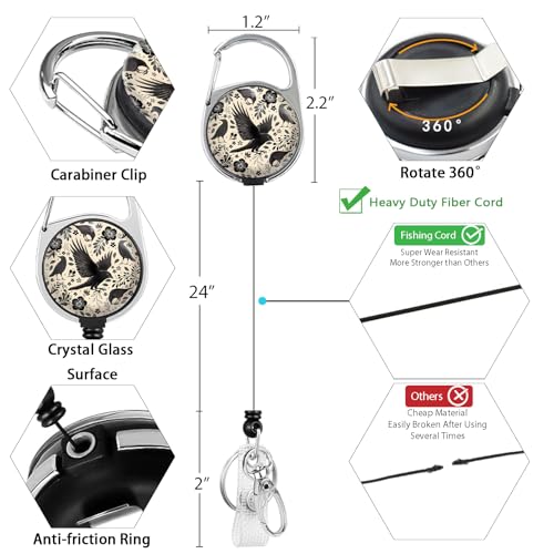 Giancomics Goth Crow Lanyards for ID Badges, Badge Holder Retractable Reel - color: Floral Crow