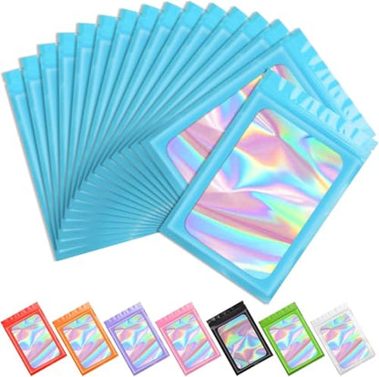Funfery 100pcs Blue Mylar Holographic Bags-Resealable Zipper&Clear Window - color: Blue, size: 4.7 x 7.9 Inch