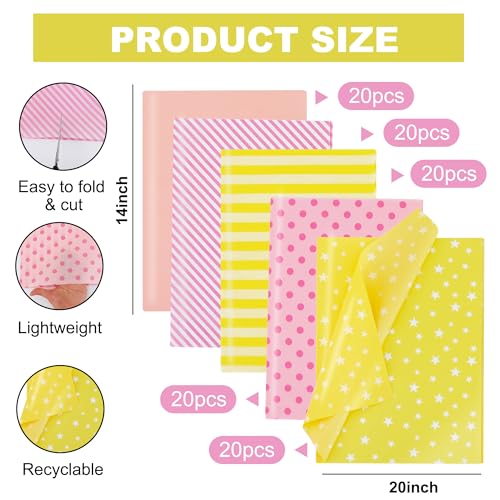 BEISHIDA 100 Sheets Yellow Pink Tissue Paper Bulk for Gift Wrapping Bags - color: yellowpink100