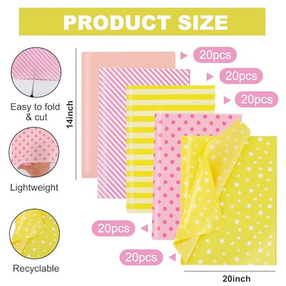 BEISHIDA 100 Sheets Yellow Pink Tissue Paper Bulk for Gift Wrapping Bags - color: yellowpink100