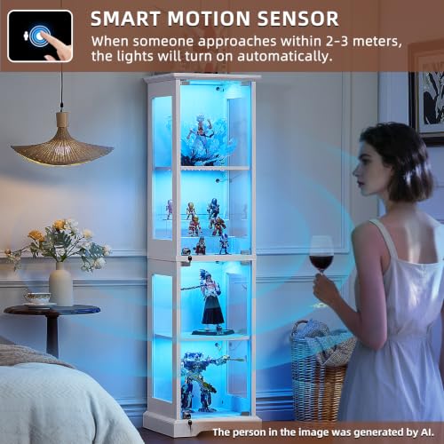 LELELINKY Farmhouse Narrow Glass Display Cabinet with Doors & Lock, White - color: White, size: 1 Pack