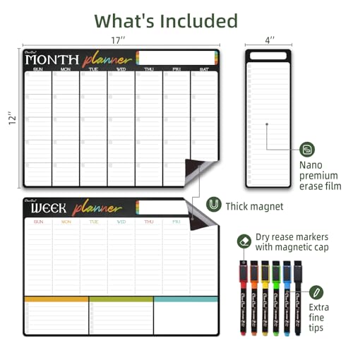 Magnetic Dry Erase Monthly Calendar Set - 17"x12" Monthly and Weekly Calendar, 4"x12" List Board for Fridge - 6 Extra Fine Point Markers Included - Shipped Flat - style: Month+Week+List-a