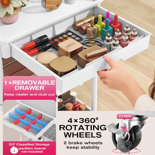Goovilla Rolling Makeup Organizer Cart with Removable Drawer, 3 Tier White - color: White, size: 3 Tier