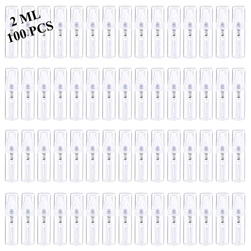 Mini Spray Bottle 100PCS 2ML Clear Plastic Empty Sample Containers Fine Mist Perfume Travel Refillable Spray Bottle Perfume Atomizer Small Travel Size Spray Bottle for Cleaning, Essential Oils - size: 2ml 100 Pcs