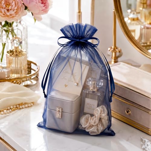 FUNFERY 100PCS Navy Blue Sheer Organza Bags 5x7 in, Goodie Bags Bulk - color: Navy Blue