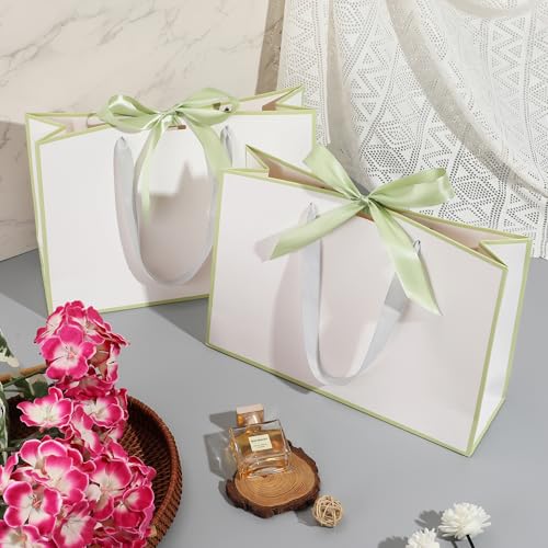 STOBOCTER 12 Pcs Thank You Gift Bags with Handles 12.6x4x9.1'' Elegant Paper Gift Bags with Bow Ribbon Gift Wrap Bags for Wedding Bridal Shower Father's Day Housewarming Birthday(White, Sage Green) - color: White, Sage Green, size: 1 Count (Pack of 12)