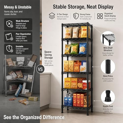 GRANNY SAYS 6-Tier Narrow Storage Shelves for Small Spaces, 15.8" W Metal Shelving Unit, Adjustable Storage Rack, Freestanding Shelf for Pantry, Garage, Closet, Office, Black - size: 15.8"W x 63"H x 11.8"D