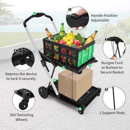 2-Tier Collapsible Aluminum Utility Cart, 198 Lb Capacity, 360° Wheels - color: Green