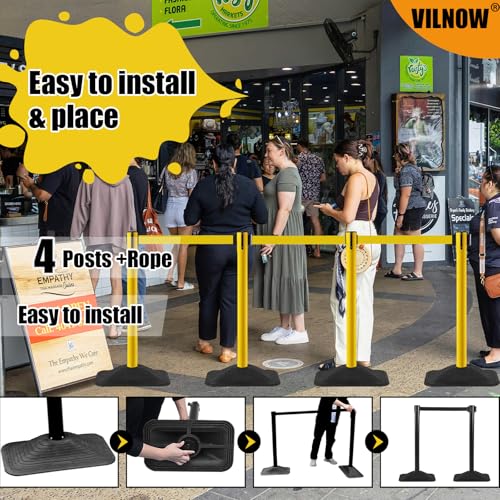 10 ft Crowd Control Stanchion Set, Yellow Crowd Control Barrier with Retractable Belts & Rubber Base, Queue Management Stanchion (4 Pack) - size: Rubber Base-4 Pack