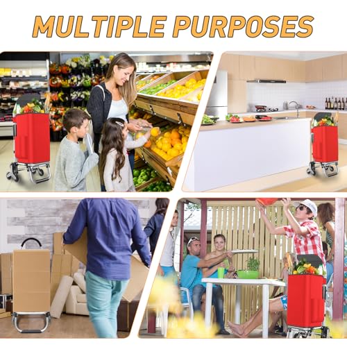 Heavy Duty 3 in 1 Shopping Cart, Foldable Hand Truck with 6 Wheels - color: Red