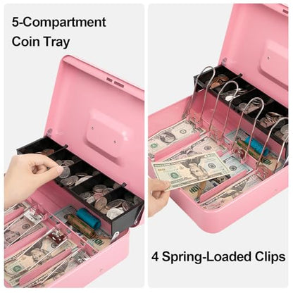 Jssmst Metal Cash Box with Money Tray and Lock, Portable Cash Drawer, 11.8" - color: Pink Code-A