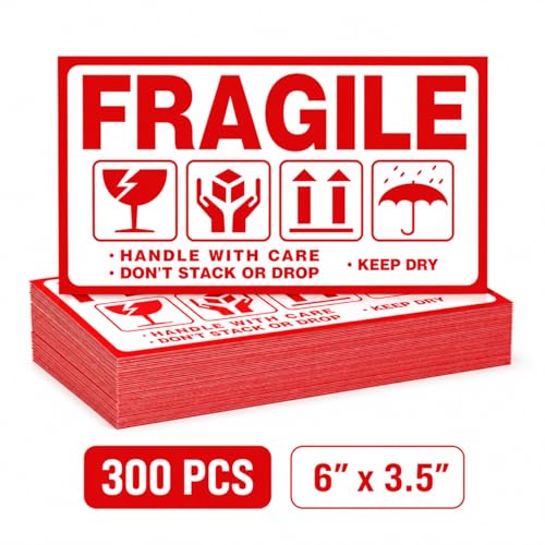 Large Fragile (6" X 3.5") Handle with Care Keep Dry Upward Do Not Trample Shipping Box Warning Stickers Label (STK-02 300pcs) - size: STK-02 300pcs
