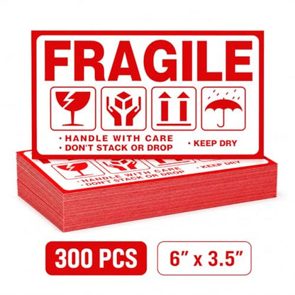 Large Fragile (6" X 3.5") Handle with Care Keep Dry Upward Do Not Trample Shipping Box Warning Stickers Label (STK-02 300pcs) - size: STK-02 300pcs