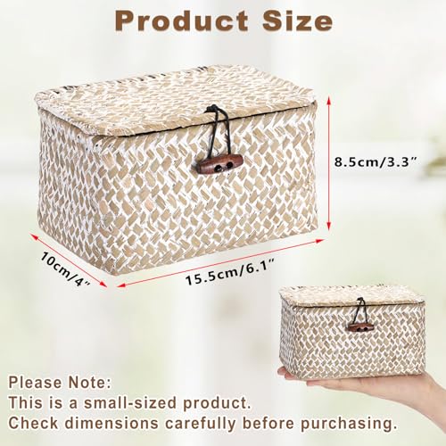 Hipiwe Wicker Shelf Basket Box Mini Seagrass Baskets with Lid,6.1"x4"x3.3" - color: Whitewash color, size: 6.1" x 4" x 3.3"