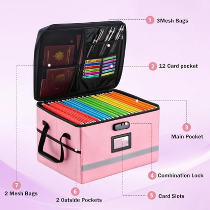 EXLIFBAG Fireproof File Organizer with Lock, 1 Layer - color: Pink, size: 1 Layer