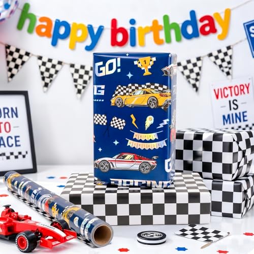 Homeral Race Car Wrapping Paper Roll - Mini Roll -17 Inch x 33 Feet, Blue Race Car with Holographic & Checkered Flag Reversible Gift Wrap for Boys Birthday, Baby Shower, Game Lovers, Party - color: Blue Race Car, size: 17in*33ft