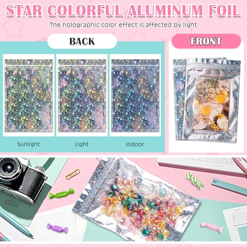 FUNFERY Star Pattern Clear Window Smell Proof 6.3x9.4 Holographic Bags - color: Holographic Star-50P, size: 6.3x9.4 inch