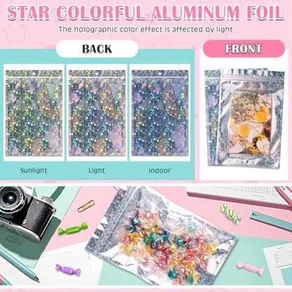FUNFERY Star Pattern Clear Window Smell Proof 6.3x9.4 Holographic Bags - color: Holographic Star-50P, size: 6.3x9.4 inch