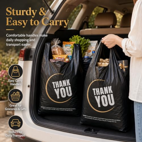 YoYoRain 50 Count Black Thank You T-Shirt Bags, 11 x 6 x 21 in - style: 50count