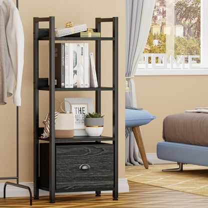 Furologee 4 Tier Bookshelf with Drawer, Small Narrow Bookcase, Black Oak - color: Black Oak, size: 4 Tier