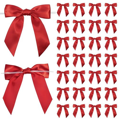 Pre-Tied Red Satin Ribbon Twist Tie Bows 5 Inch, 36 Pack - color: Red