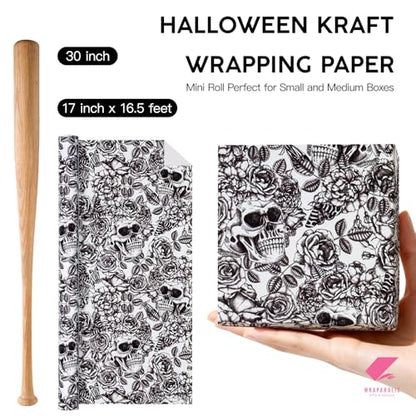 WRAPAHOLIC Halloween Wrapping Paper Roll - Mini Roll - 17 Inch x 16.5 Feet - Black and White Gothic Roses Floral Moth Skull Wrapping Paper for Halloween, Birthday, Holiday, Party - color: Skull & Floral - Balck and White