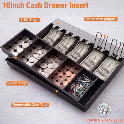 Geelin 2 Pcs 16 Inch Cash Drawer Tray for Small Business, 5 Bills 5 Coins