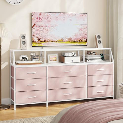 Homkdom Pink Dresser for Bedroom with 9 Fabric Drawers & Display Top Shelf - color: Pink