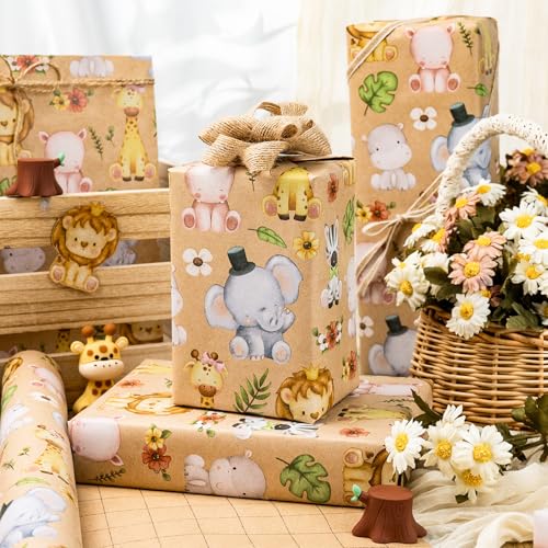 Yarcony Kraft Baby Shower Wrapping Paper, Jungle Animals Wrapping Paper, Cute Little Lion Giraffe and Elephant Themed Baby Gift Wrap for Kids Girls Boys Birthday Party Gender Neutral (17 In X 33Ft) - color: Kraft Animal, size: 17 Inch X 33 Feet