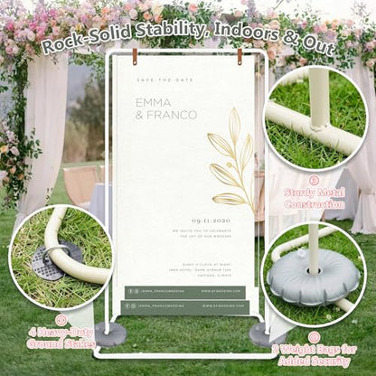 Meiqi Adjustable Wedding Welcome Sign Stand with 4 Leather Hanging Straps, Ground Stakes & Weight Bag - Large Easel for Wedding Signs, Posters, Banners - Perfect for Outdoor Events, Baby Showers (White) - color: White