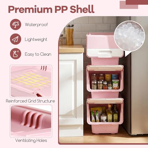 GIANTEX 3 Pack Plastic Stackable Storage Bins with Lids & Wheels, 12.5 QT - color: White + Pink, size: 3 Pack, 12.5 QT