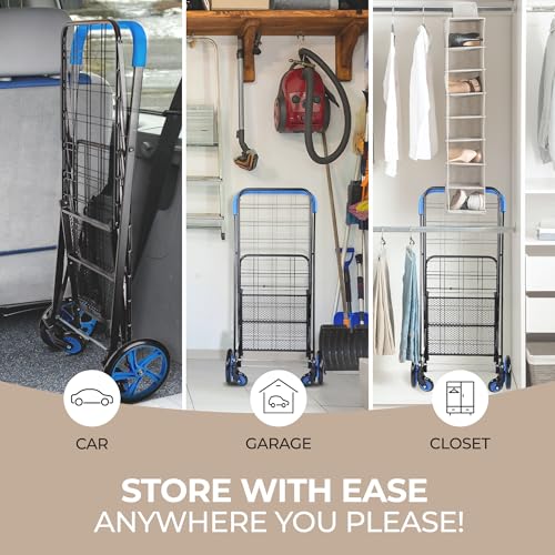 SereneLife Small Compact Folding Shopping Cart with Removable Waterproof Liner – 360° Swivel Wheels, Rust‑Proof Steel Frame, 70 lb Capacity – Portable Grocery, Laundry & Travel Cart (Blue) - color: Blue